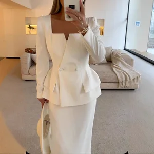 Fashion Lady Skirt 2 Piece New Outfits Square Collar Double Breasted Long Sleeve Blazer Hip Package Elegant White Coat Skirt Set