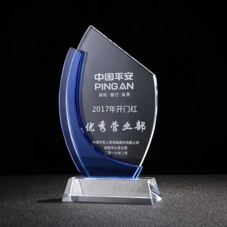Guangzhou Wholesale Glass Trophy Awards Customized Trophies K9 Sublimation Glass Trophy Award With Blue Base