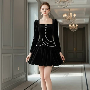 ZYHT 21938 Black Velvet Mini Dress Square Neck Long Puff Sleeves with Pearl Trim & Crystal Dess Flared Scalloped Hem Dresses