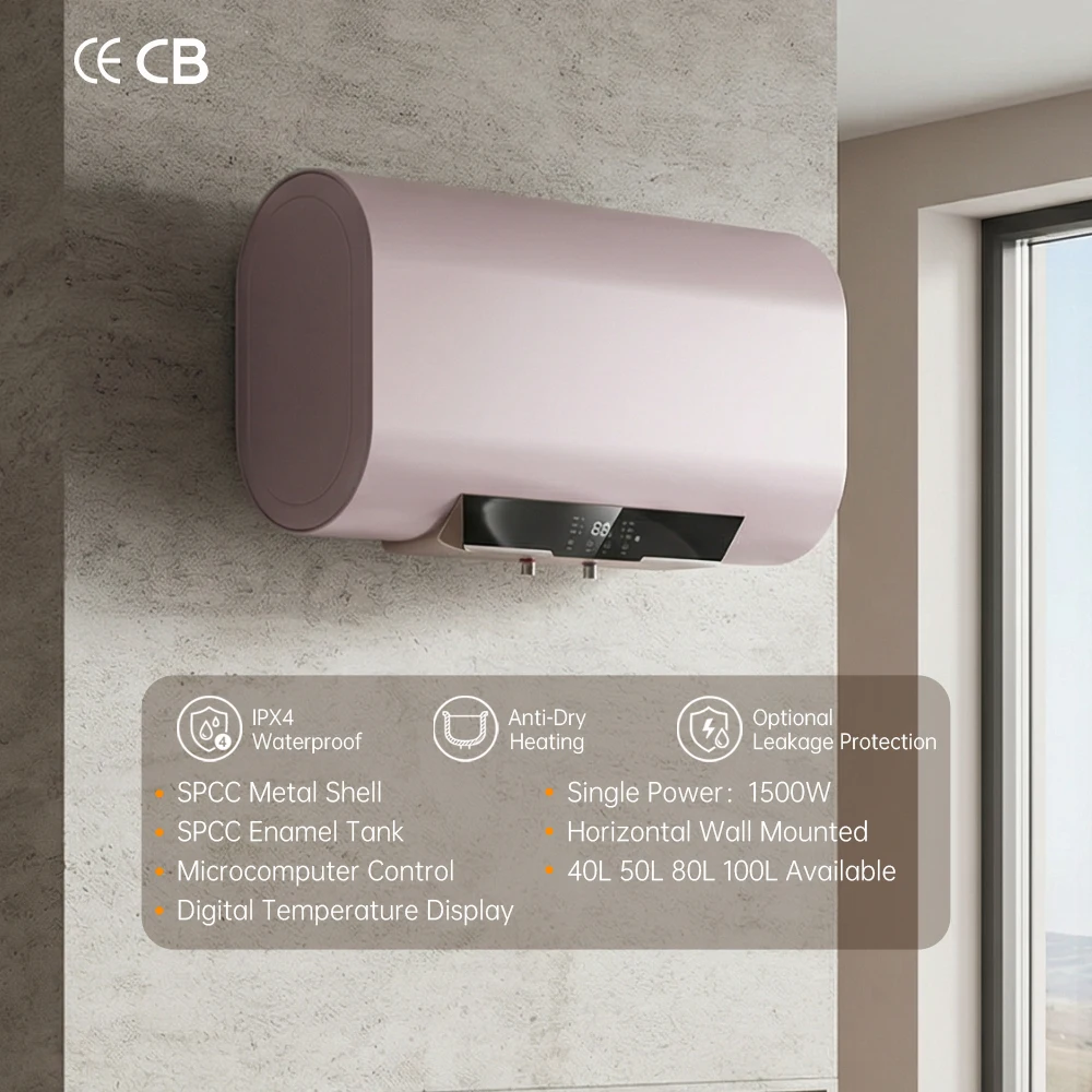 Smart Horizontal Touch Screen Chauffe-eau 50L 1500W Storage Electric Water Heater for Home Bathroom