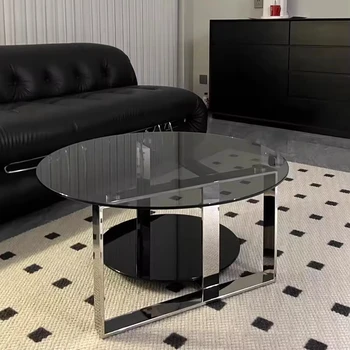 Foshan Glass Table Furniture Living Room Center Round Coffee Table SS Base Two Tier Low Tea Table Tempered Glass Salon