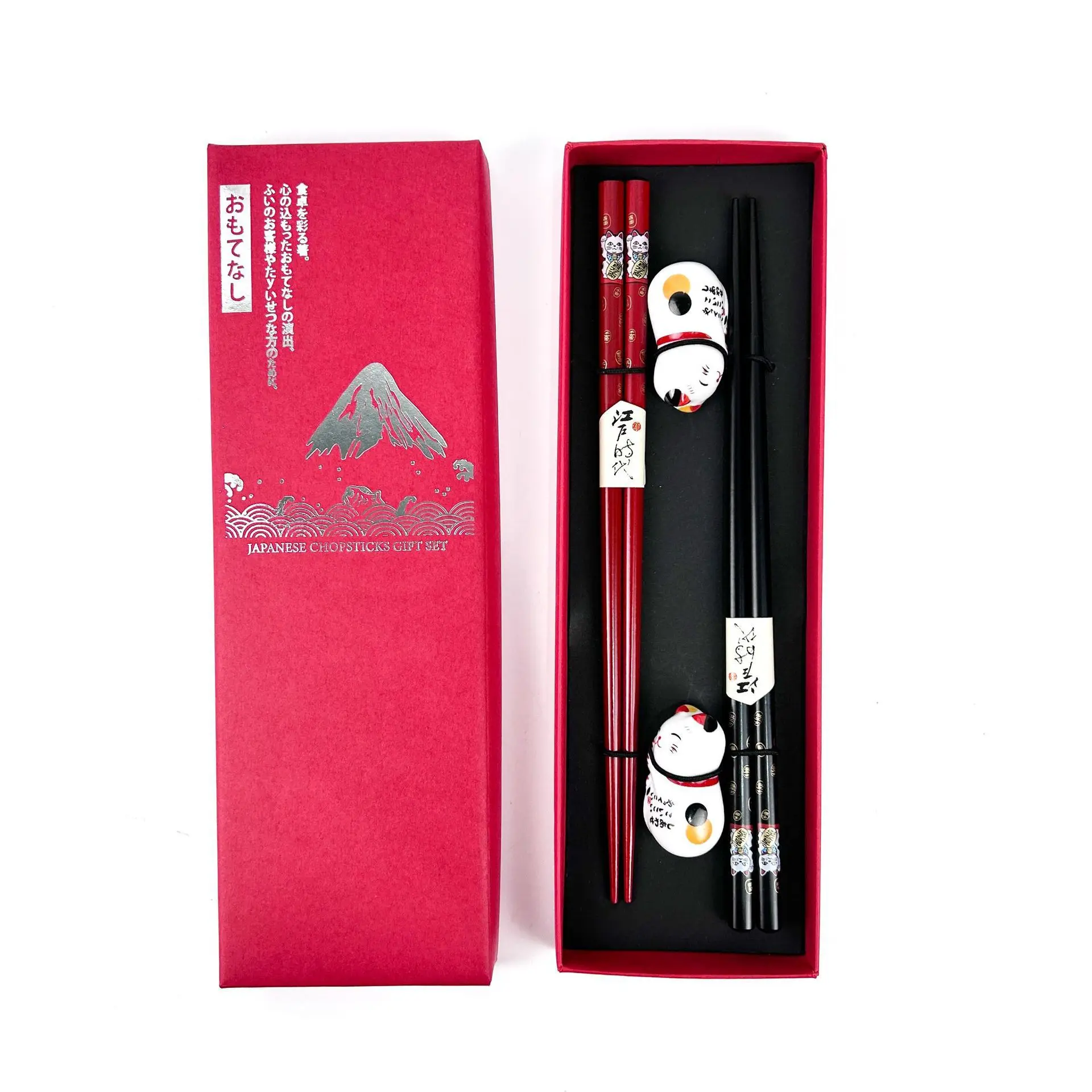 Japanese Style Classic Lucky Cat Chopstick Holder Sushi Chopstick Set Wooden Chopsticks and Ceramic Holder Gift Set