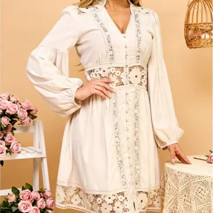 Women's Popular Sweet Bohemian Solid Casual Knee-Length Lantern Sleeve V-neck Lace Hollow Stitching Button High Waist A-Line