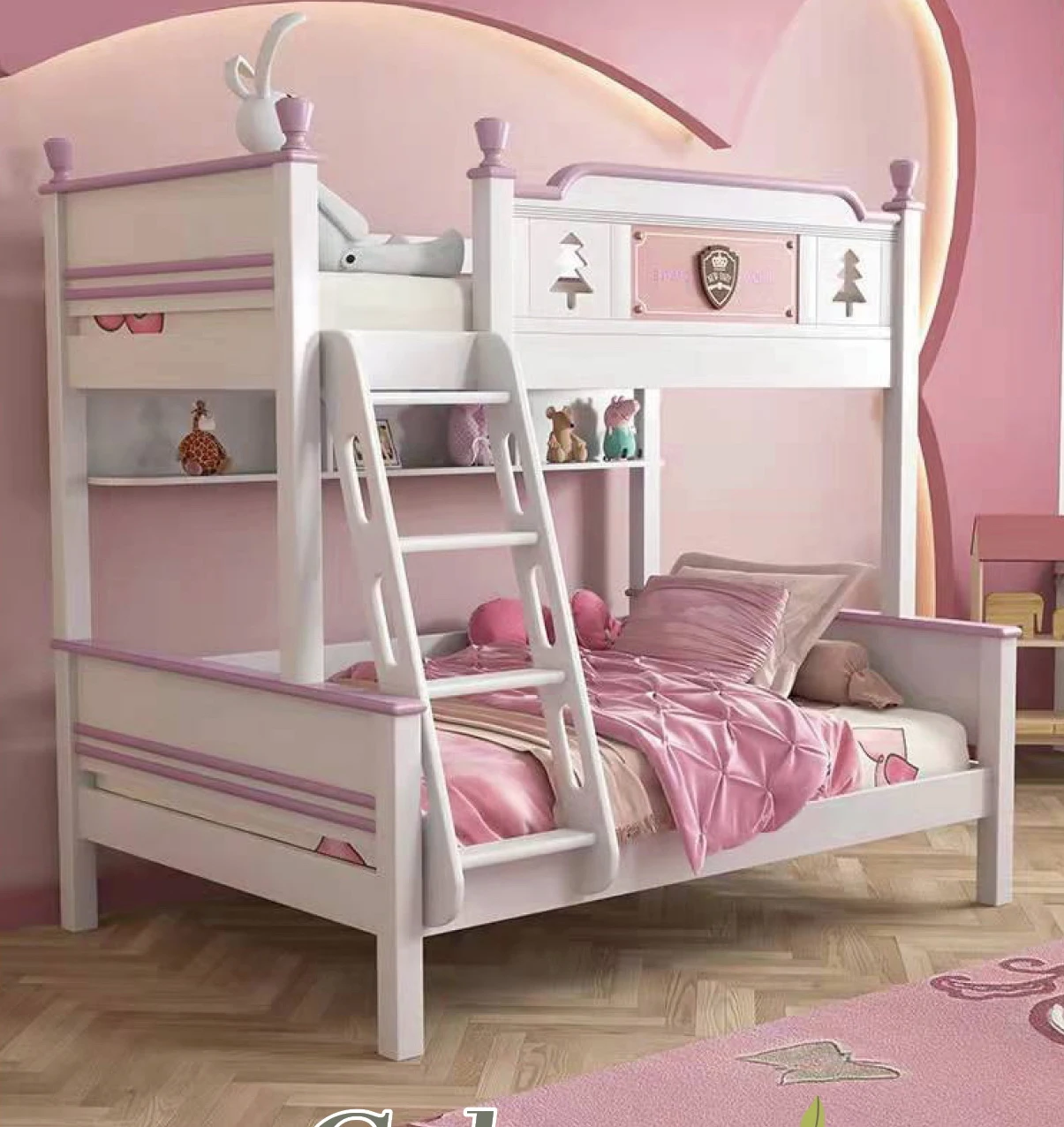 Modern Children Furniture Particle Board Kids Girls Wooden Bunk Bed Stairs  Princess Pink Kids Double Bed with Storage