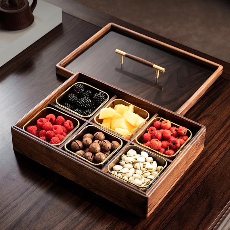 BSCI Factory Custom Chinese Style Nuts Trays With Compartments Walnut Wooden Serving Tray for Snacks