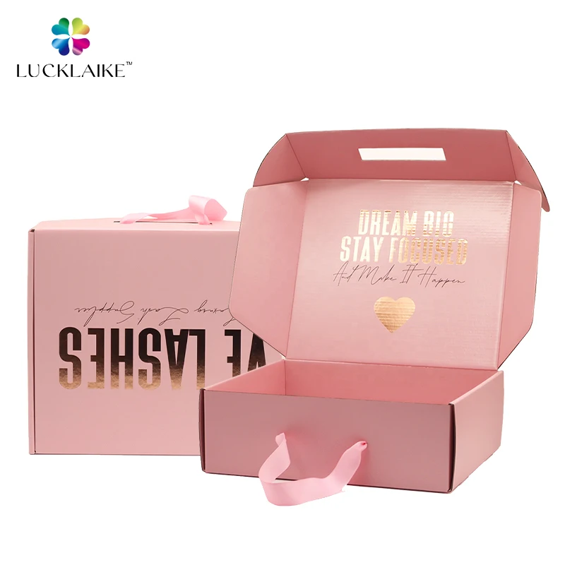 Pink Packing Boxes Cardboard Recyclable Corrugated Mailers Printing Custom Size Logo Cosmetic Shoe Hat Shipping Box with Handle