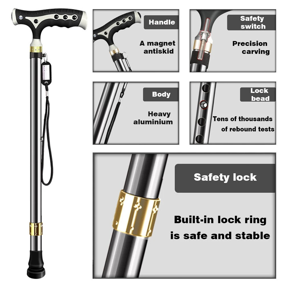 Adjustable Walking Stick with Led Light Detachable Base Old Man Elderly Walking Cane