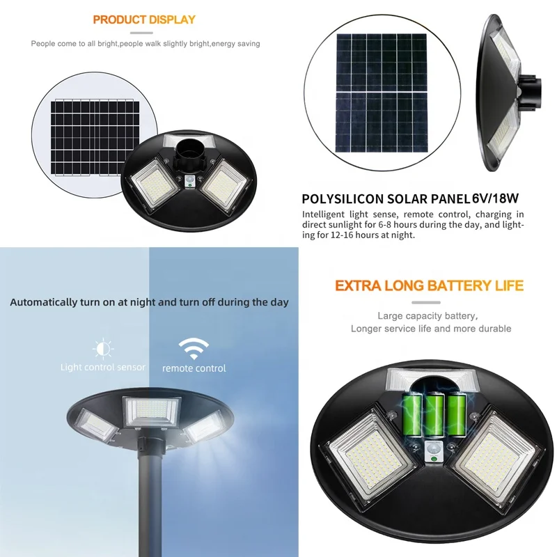 Solar Powered Street Light 300W Solar Light UFO With Remote Rechargeable 9-12M Installation