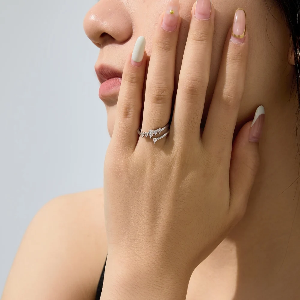 KAKODIY Fine Jewelry Unique Rhodium Plated 925 Sterling Silver Double Layer 5A Cubic Zirconia Open Adjustable Wedding Promise Bridal Ring detail 2