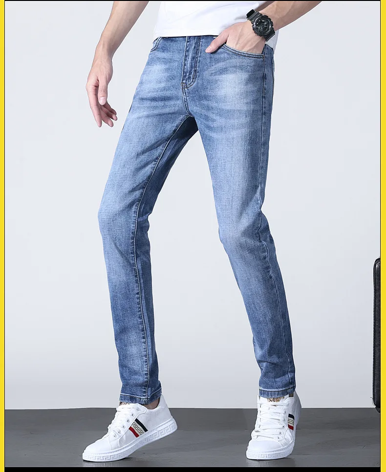 Men's Jeans Light Blue Embroidered Straight Leg Slim-fit Korean Stretch ...
