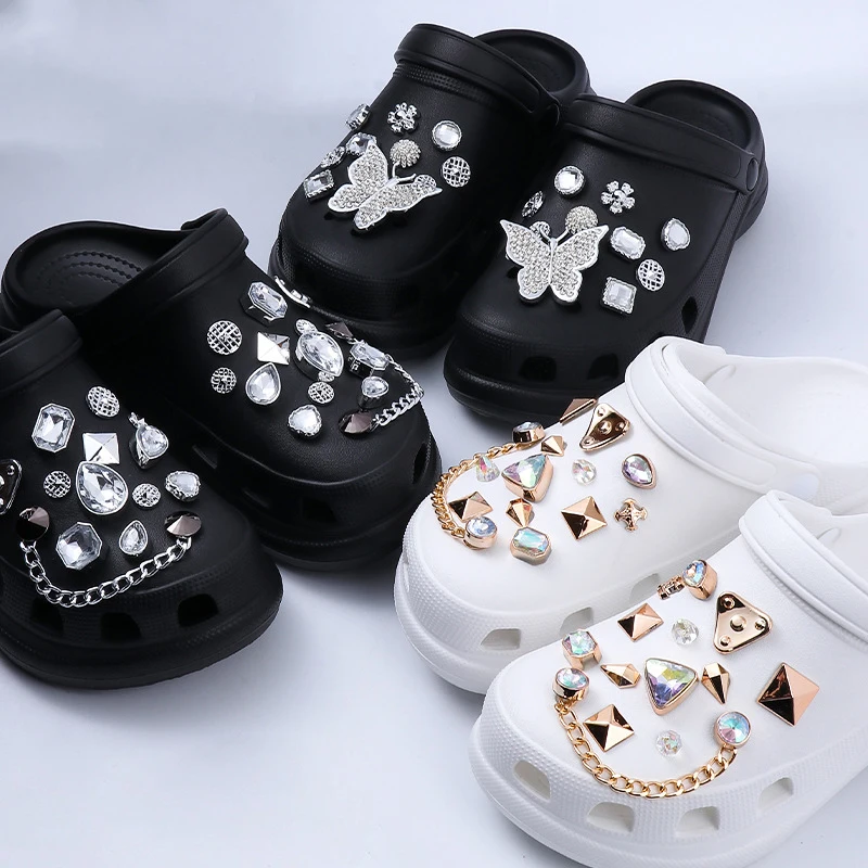 BINSHUO Wholesale Custom Diy Shoe Accessories Chain Butterfly Geometric Crystal Charms Rhinestone Bling Clogs Buckle Set