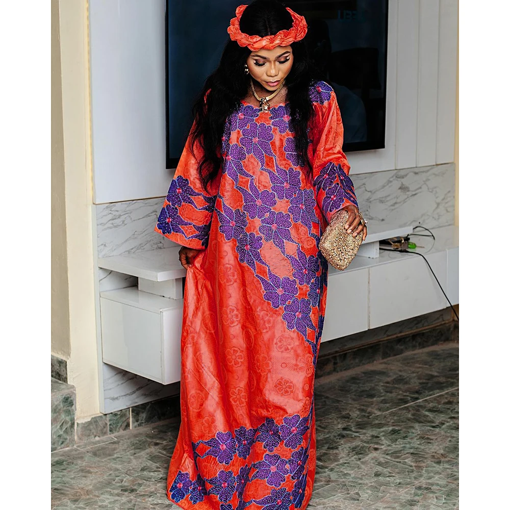 H & D African Clothing Women Bazin Riche Embroidery Dress