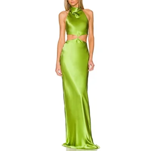 Custom Lady High Quality Lucky Label logo New Arrivals Brand 2025 Custom Summer Satin Halter Neck Cut Out Maxi Women Long Dress