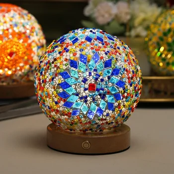 Retro Turkish Table Lamp Creative Mosaic Glass Ball Decoration Bedside Lamp Hot Selling Bohemian Style Wooden Base Night Light