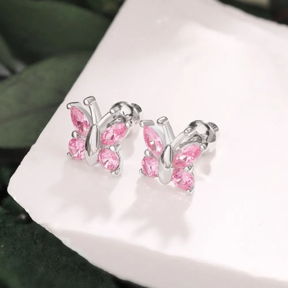 KAKODIY Custom Hypoallergenic Nickel Free 925 Sterling Silver Children's Oval 5A Straight Pull Cube Zirconia Butterfly Stud Accessories detail 2