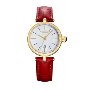 Minimalist Red Quartz Women's Watch Sparkling Dial Leather Band Ronda Movement 37mm Diameter 16mm Band Width Fashion Pointer
