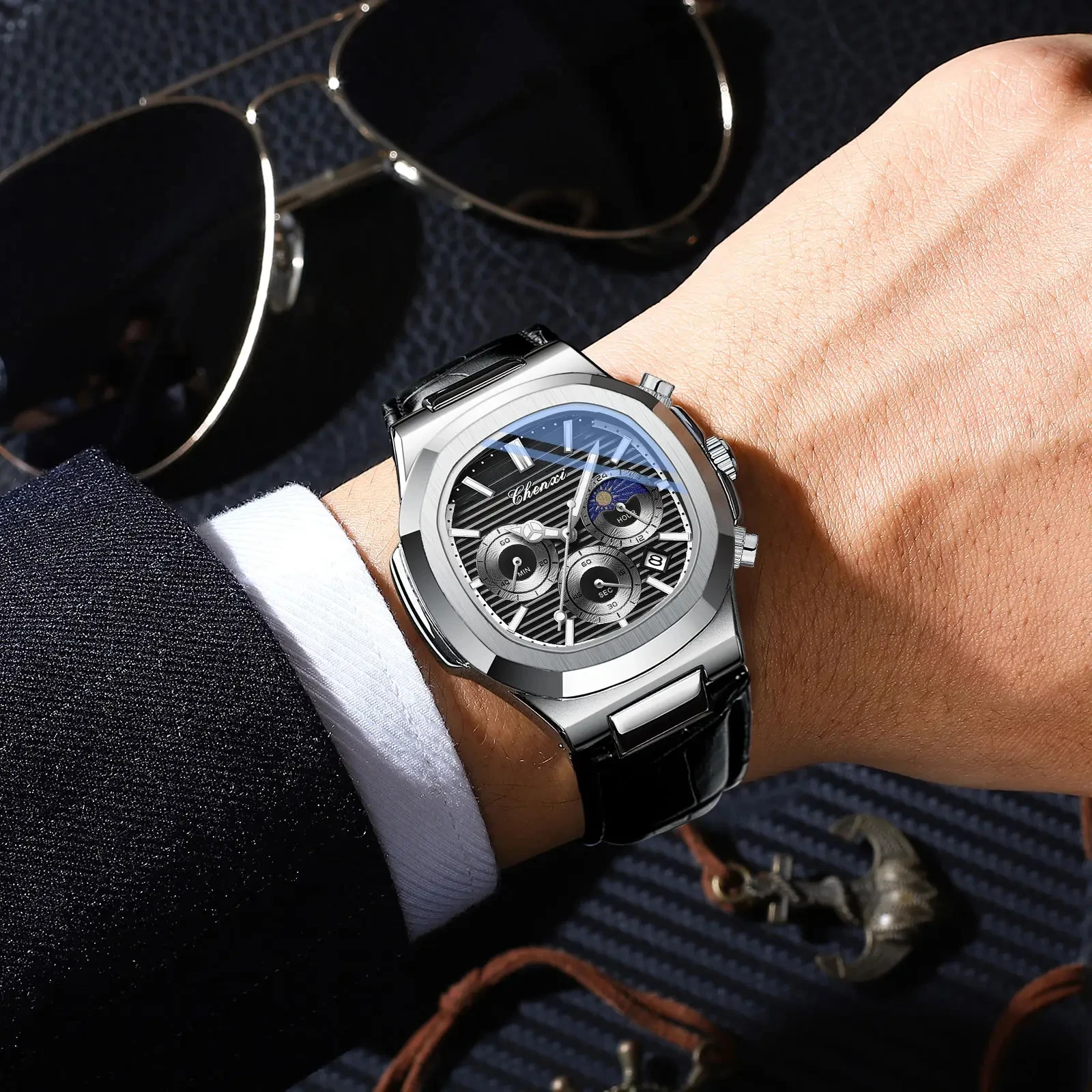 CHENXI 922 Men's Waterproof Chronograph Quartz Watch with Leather