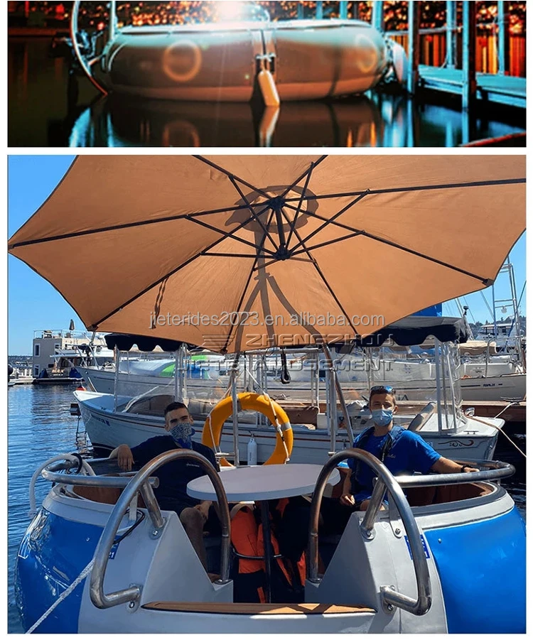 HDPE electric pedal boat for rental gasoline petrol Yamaha Motor bbq donut round floating boat with soft cushion bed for resort