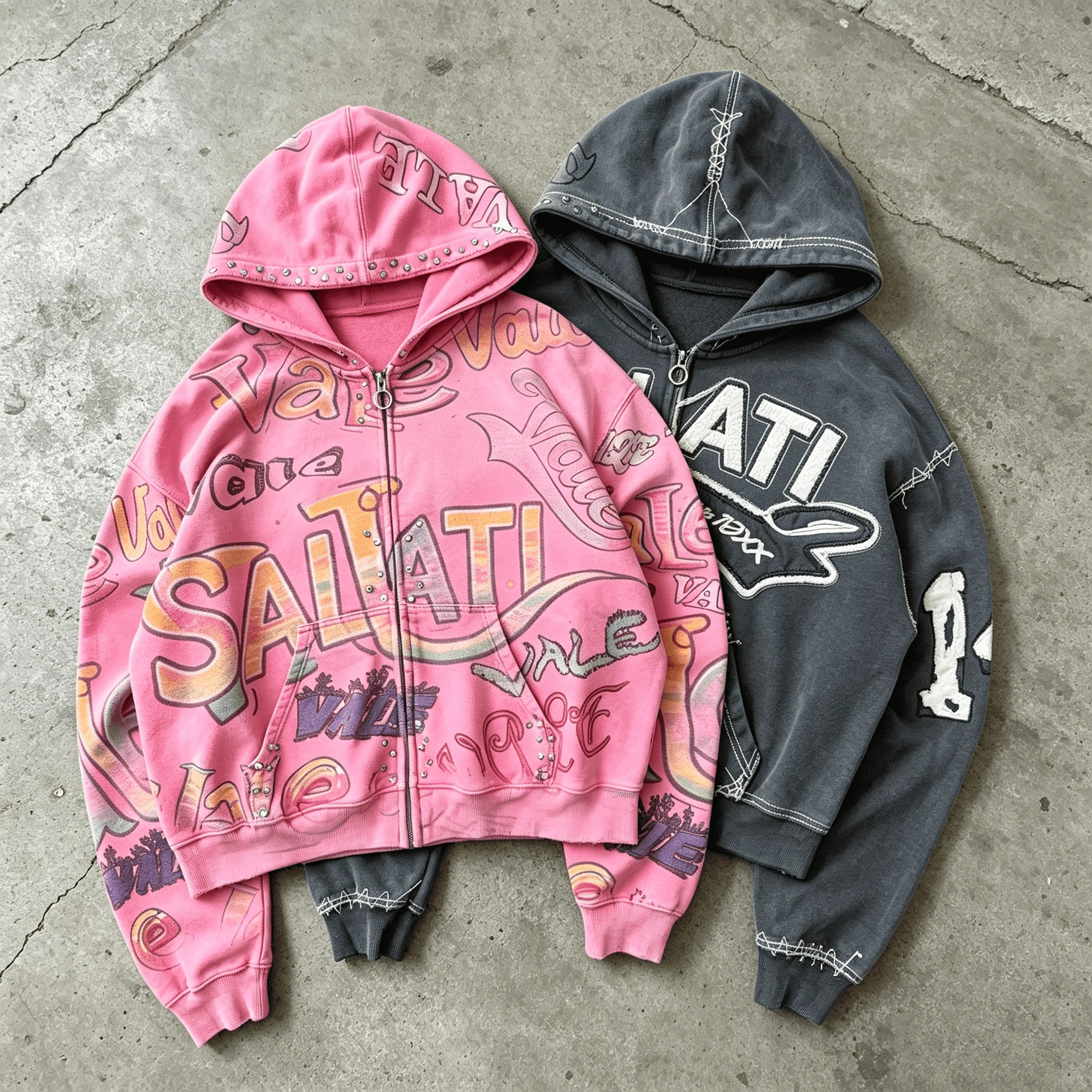 Wholesale Custom Logo Mens Pink Cropped Y2K Streetwear Zip Hoodie Graffiti Rhinestone Studded Hoodie