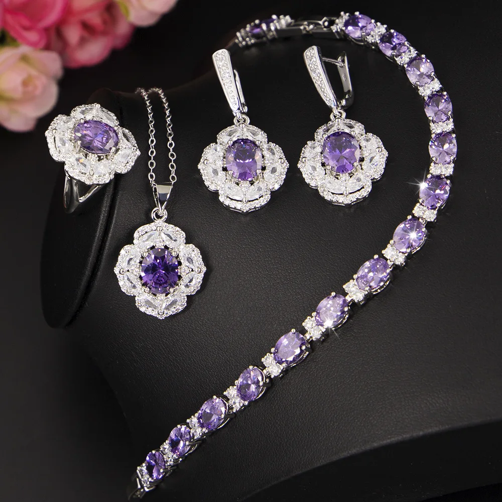 Cenmon Luxury Purple Crystal Bridal Jewelry Sets for Women Crown Earring Necklace - Silver Purple Sets