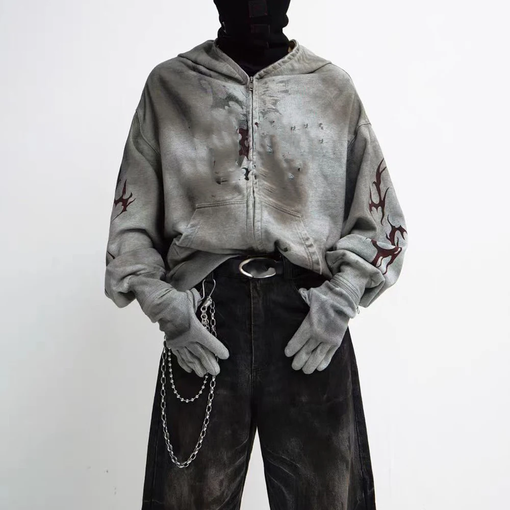 Custom Sun Faded Eye Holes Full Zip up Hoodie Distressed Acid Wash