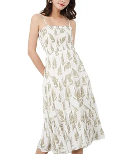 Women Adjustable Strap Sleeveless Long Dress Casual Style Fresh Floral Print Pleated Dress