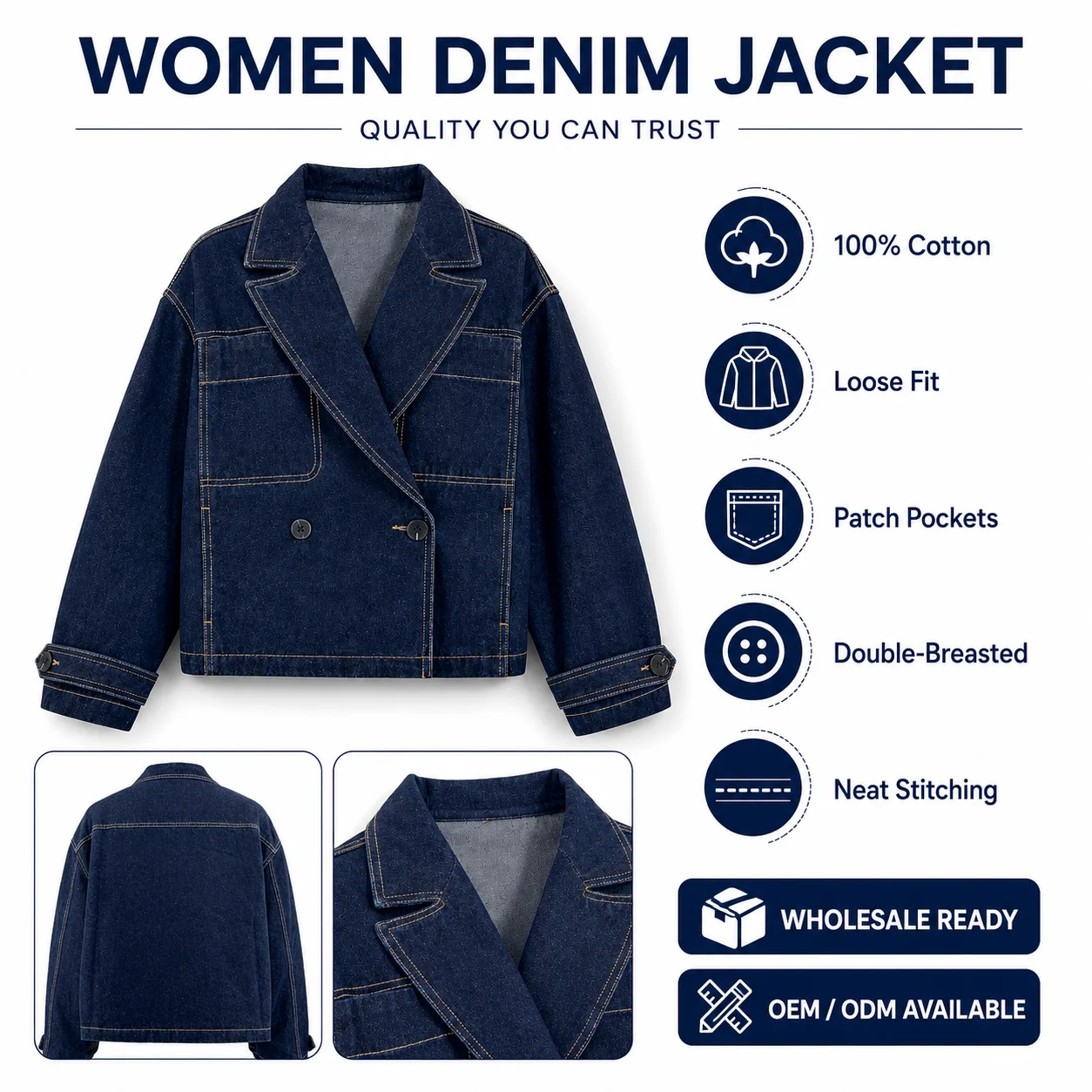 Oversized Denim Blazer Jacket Premium Dark Wash Classic Casual Denim Jacket