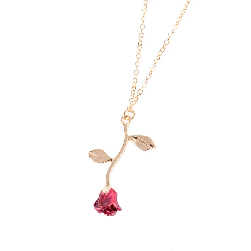 Ladies Women Rose Flower Pendant Necklace Red Enchanted Rose necklace Gold PLT 