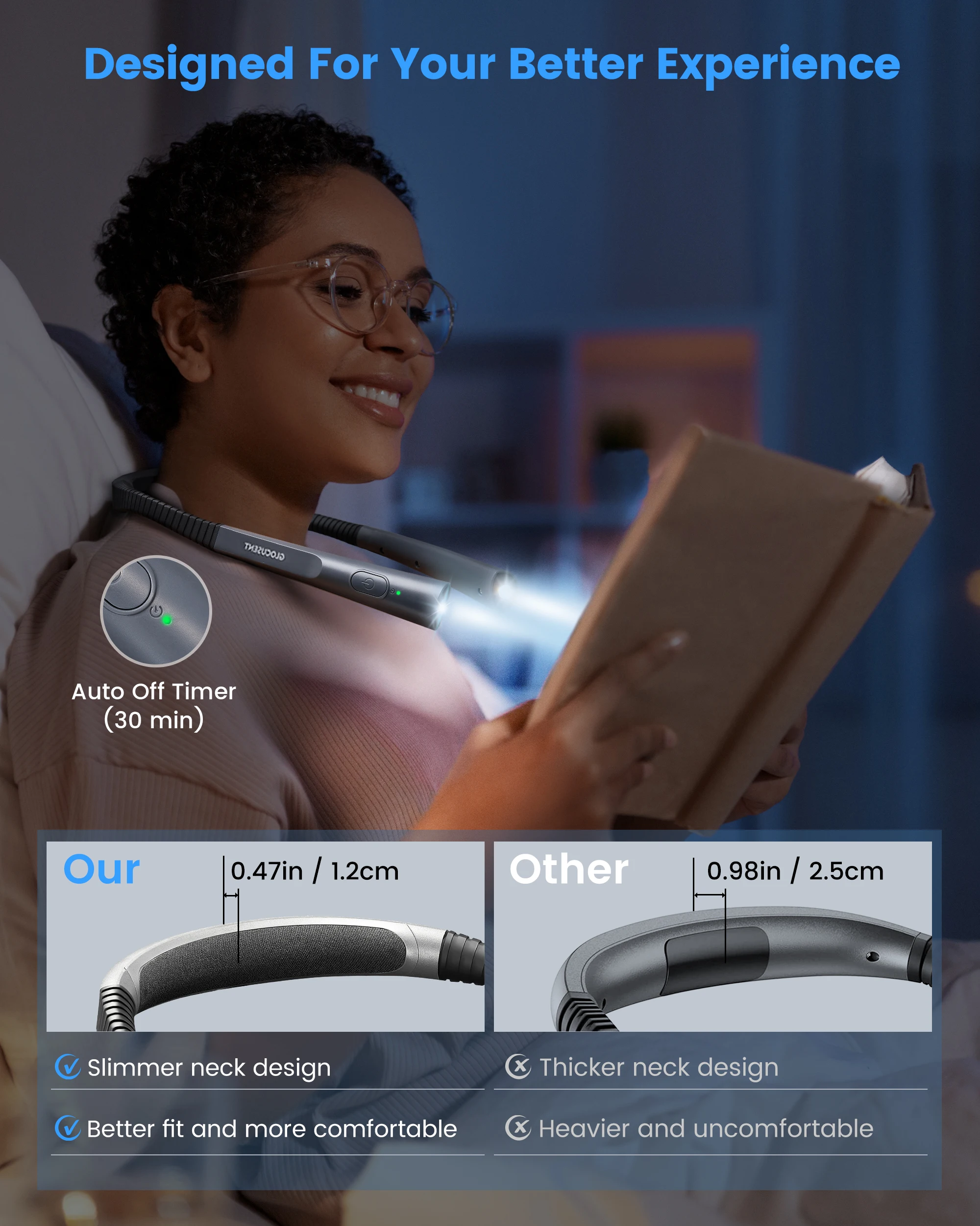 Glocusent Patented UPGRADED LED Neck Read Light Long Lasting Adjustable Rechargeable Neck Book Reading Light