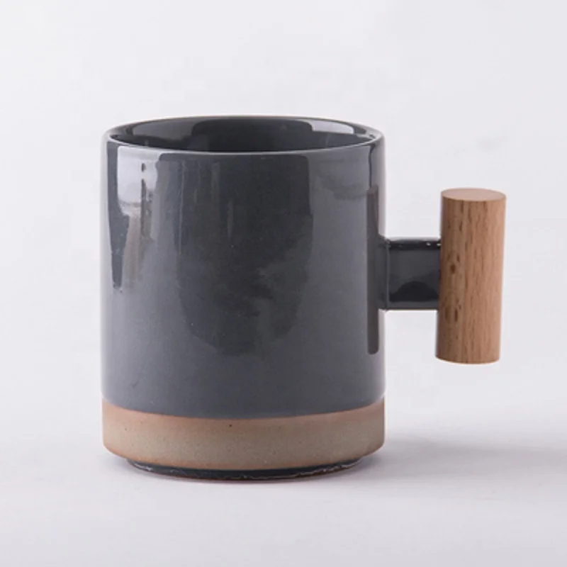 Korean Style Stock Available Color Blue  350 ml 12 oz Ceramic Coffee Mug Cup  with Wood Handle