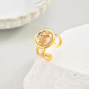 Summer Adjustable Women Stainless Steel 18k Gold Plated Jewelry Ring Tarnish Free Waterproof Round Resin Opening Ring