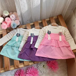 Baby Girl Mock Two-piece Lace Long Dress Bubble Cotton Long Sleeve Dresses for Girls Fashion
