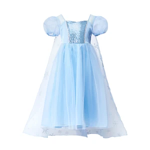 Girls Ice Princess Elsa Costume Light Blue Tulle Gown Puff Sleeve Snowflake Detail Tiara Accessory for Frozen Theme Parties