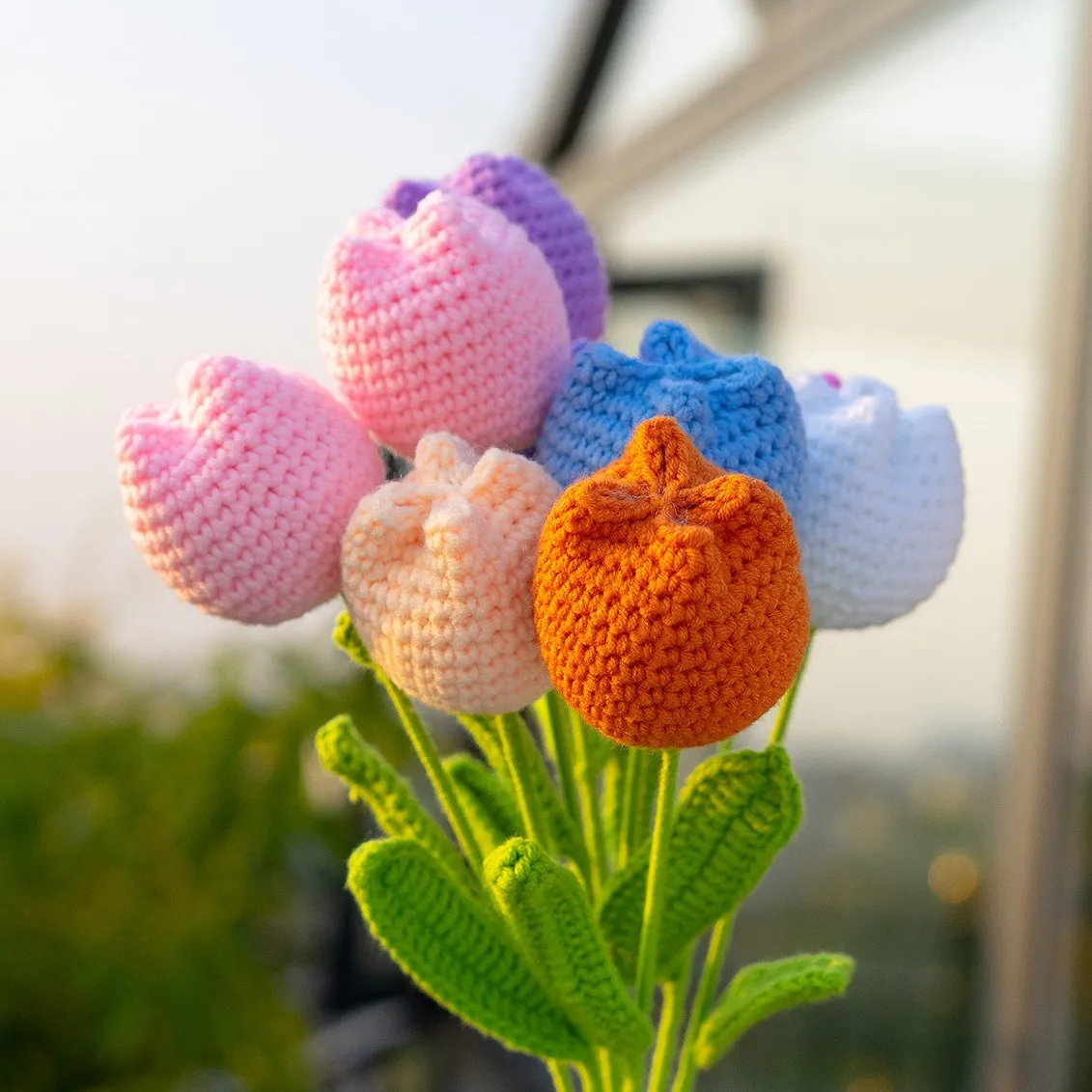 Emivery Bouquet 7 Tulipani Fatti All'Uncinetto In Cotone, Fiori Artificiali Rosa Lavorati A Mano Per San Valentino, Festa Della Mamma, Regalo Casa - 2