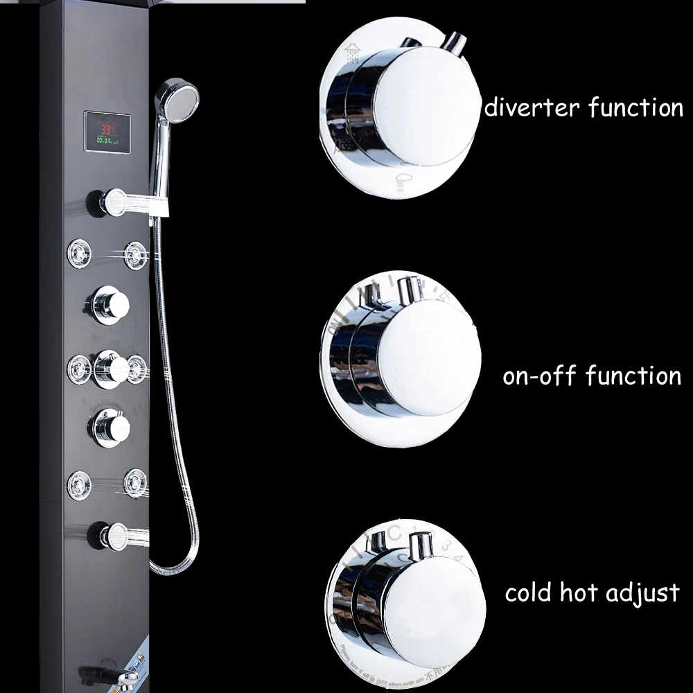 LED Light Shower Faucet Waterfall Rain Black Shower Panel in Wall Shower System with Spa Massage Sprayer Bidet Head Handshower