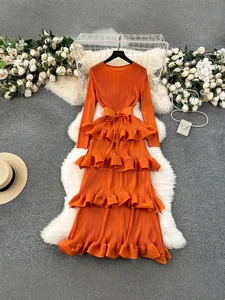 Hot Selling Manufacturer Maxi Gown Flounces Pleated Long Sleeve Dress Solid Woven Evening Dress