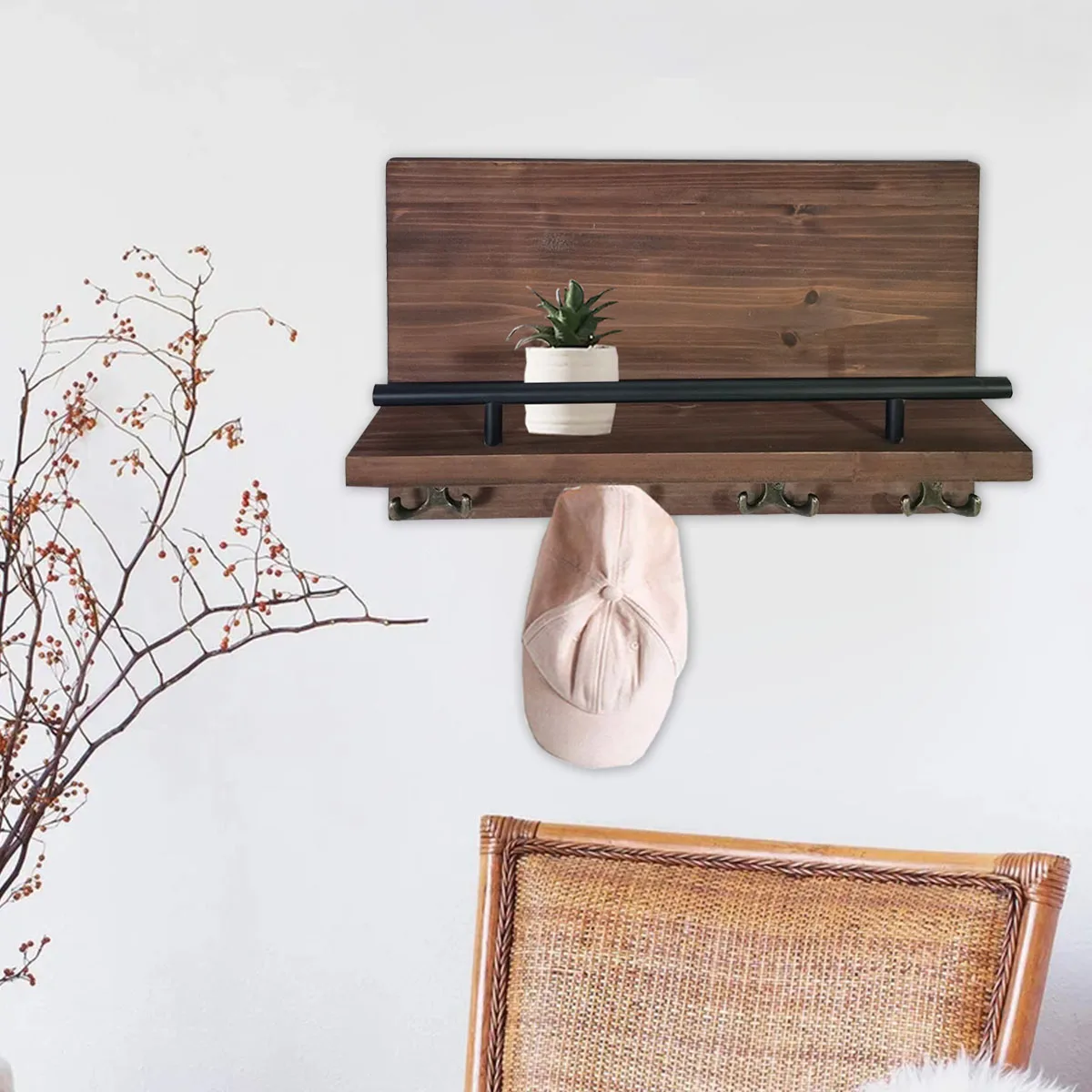 Wooden Holder Distressed Wood Wall Shelf With Hooks Wall Mounted With