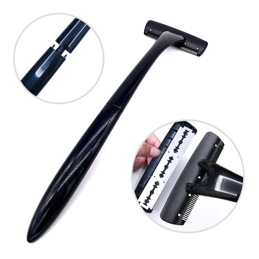 Manual Body Hair Removal Razor for Men Long Handle Back Shaver with Stainless Steel Blade Foldable Design