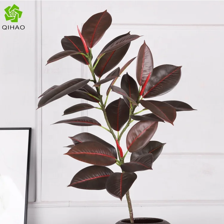 QiHao Fake Tropical Burgundy Houseplant Ficus Elastica Branches Artificial  Rubber Tree Plant Stems for Home Office Garden Decor