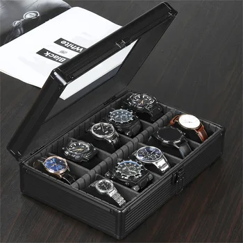 3 5 10 Slots Custom Black Transparent Glass Window Men Aluminum Alloy Metal Wrist Watch Box & Case Watch Organizer Packaging