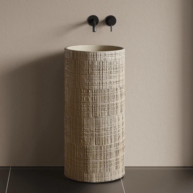 Wabi Sabi Style White Wood Grain Pattern Bathroom Pedestal Sink Artificial Stone Wash Basin Free Standing Bathroom Sink