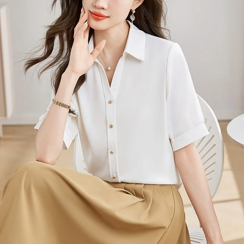 2025 Summer Retro Korean Style White Chiffon Blouse for Women