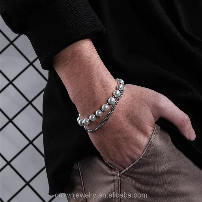 新款男士不锈钢珠子双层环链珍珠珠子可调节手镯饰品 - buy men pearl