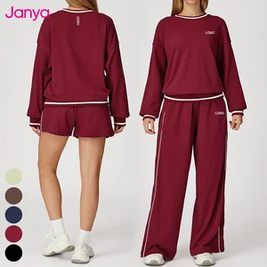 Janya Wholesale Custom Front Logo Womens Gym Fitness Sets Active Stretch Long Sleeve Sweatshirt Loose Wide Leg Sweatpants Set