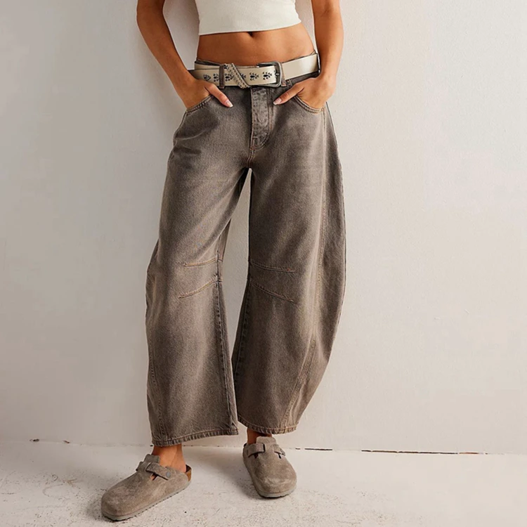 Channel Latest Design Wide Leg Mid Rise Barrel Denim Ankle Pants Women's Vintage Baggy Boyfriend Jeans Pants 2025