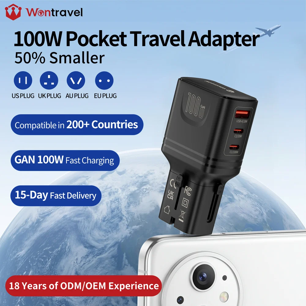 Adattatore da viaggio universale Wontravel OEM/ODM con tecnologia GaN, 3 porte USB-C, spine USA, Australia, Regno Unito ed Europa, adattatore GaN UE da 100 W