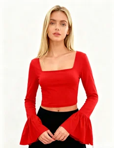 Women Elegant Shirt Stretch Popular Fashion Square Neck Minimalist Design Long Flared Sleeves T Shirt