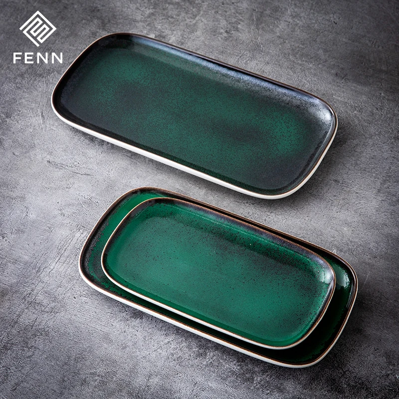 FENN OEM/ODM Vintage Reactive Green Glaze Sushi Catering Dinner Rectangle Plates Ceramic Platter Wholesale Serving Platter