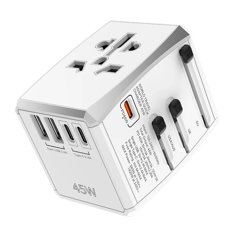 PD45W Fast Flash Charge Universal Travel Adaptor  Worldwide Travel Power Adapter AC Socket with 5 USB Ports