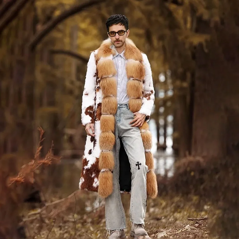 NAFA Custom Mens Luxury Red Fox Fur Collar Tigrado Lamb Fur Trench